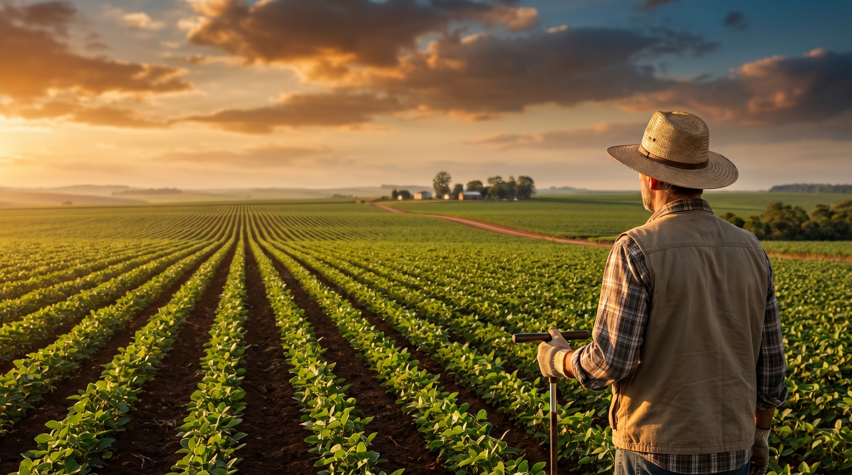 Produtor rural observando plantação ao entardecer